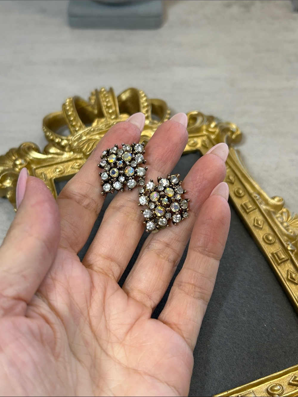Vintage Gold, Clear & AB Crystal Cluster Clip On Earrings